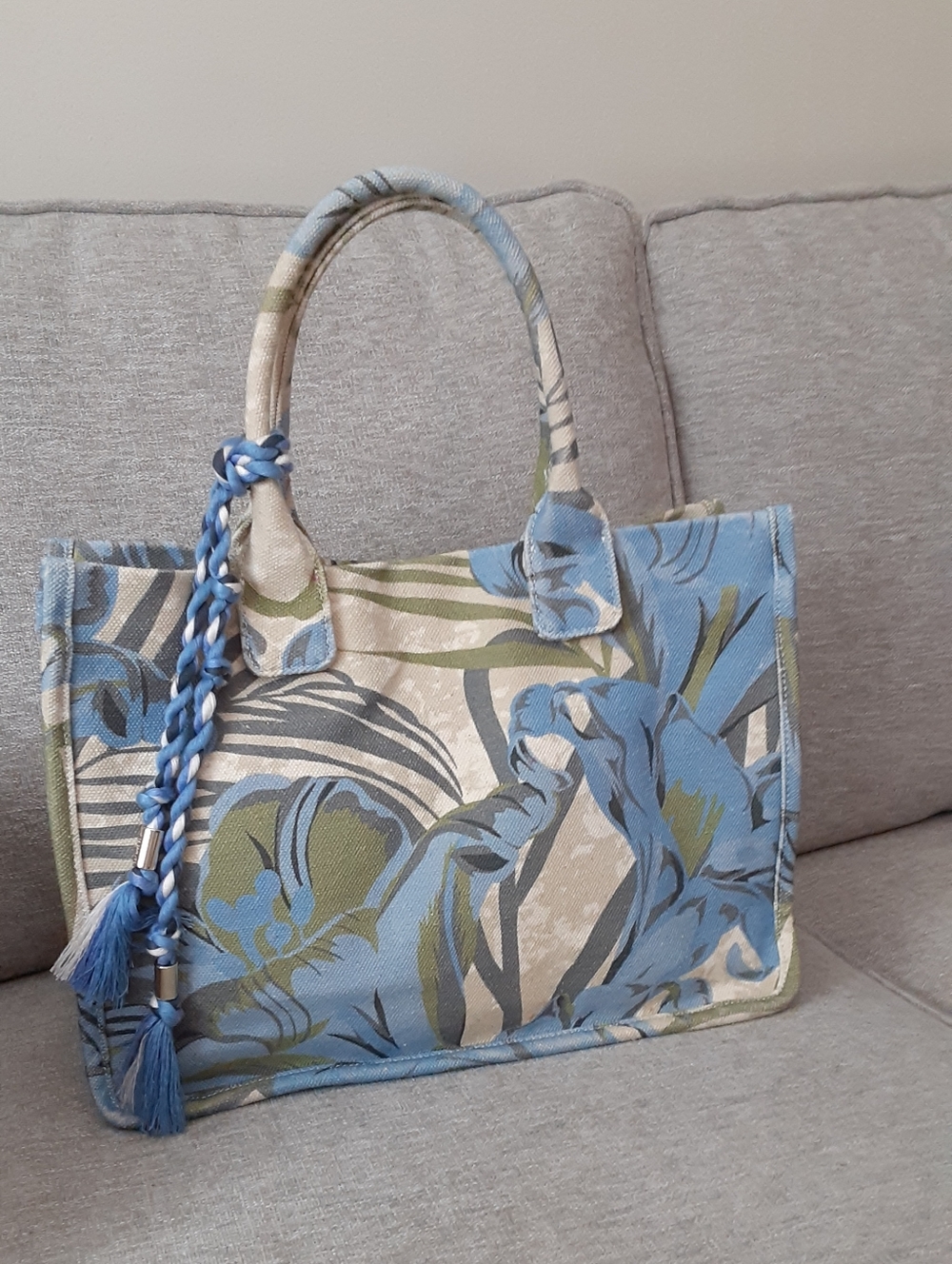 Vince Camuto Blue, Green and Cream Floral Canvas Tote